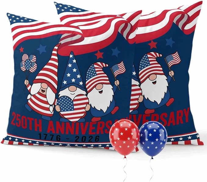 250th Anniversary Outdoor Pillow Covers 26"x26" Set of 2, Patriotic Gnome USA Flag Independence Day Waterproof Throw Pillow Covers for Patio Furniture, Decorative Cushion Covers for Porch