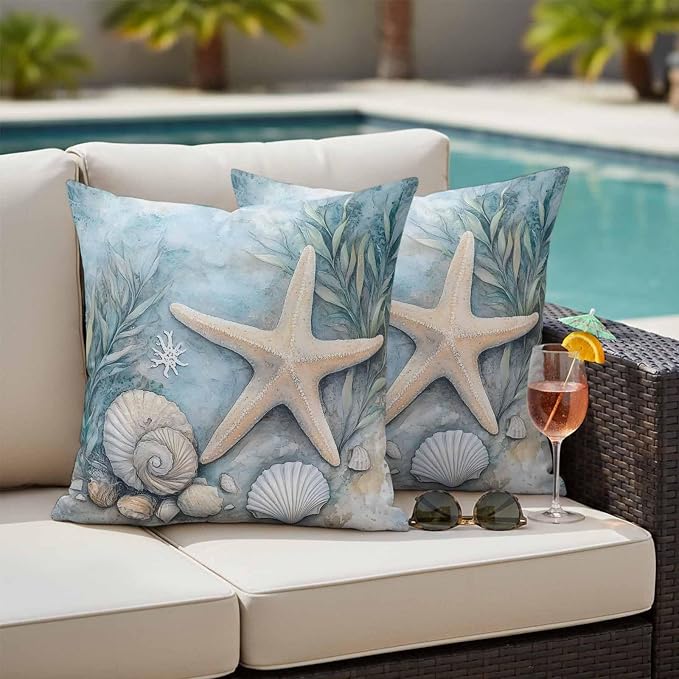 Ocean Coral Outdoor Waterproof Throw Pillow Covers Set of 2, 18"x18", Shell Starfish Plant Leaf Coastal Rustic Decorative Pillow Covers Outside Cushion Case for Patio Porch Garden