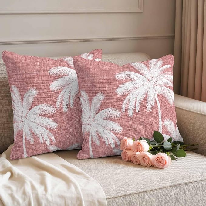 Outdoor Pillow Covers 18x18 Inch Set of 2, Pink Palm Trees Waterproof Throw Pillow Covers, Farmhouse Tropical Summer Beach Decorative Cushion Pillowcases for Couch, Sofa, Bed, Garden, Patio