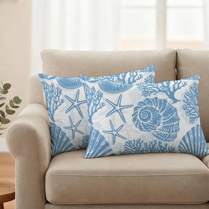Lumbar Pillow Covers 20x12 Inch Set of 2, Blue Coastal Waterproof Outdoor Pillow Covers, Beach Starfish Nautical Coral Shell Summer Decorative Cushion Pillowcases for Couch, Sofa, Bed, Garden, Patio