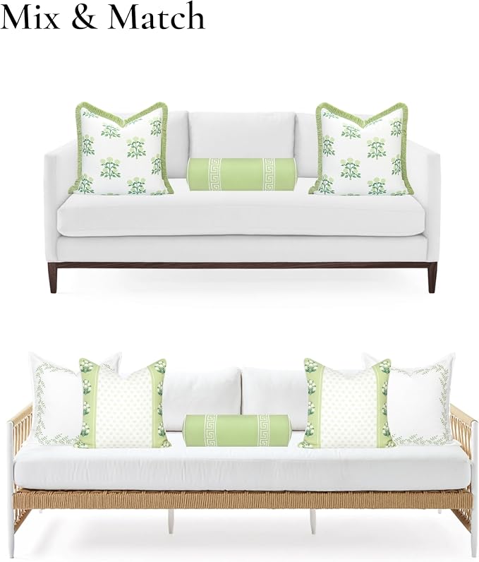 Hofdeco Premium Grandmillennial Coastal Hampton Patio Indoor Outdoor Bolster Pillow Cover Only, 8"x24" Water Repellent for Backyard, Couch, Poolside, Grass Green Embroidered Greek Key