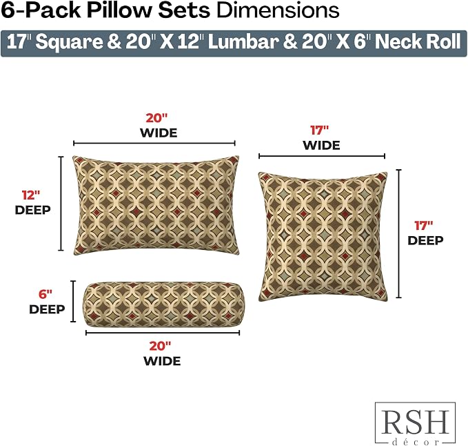 RSH DECOR: 6-Pack Pillow Set | Sunbrella Performance Fabric |Water & Fade-Resistant| 17" Square, 20"x12" Lumbar, 20"x6" Neck Roll | Outdoor Pillows for Patio Furniture | Made in USA (Tango Mink)