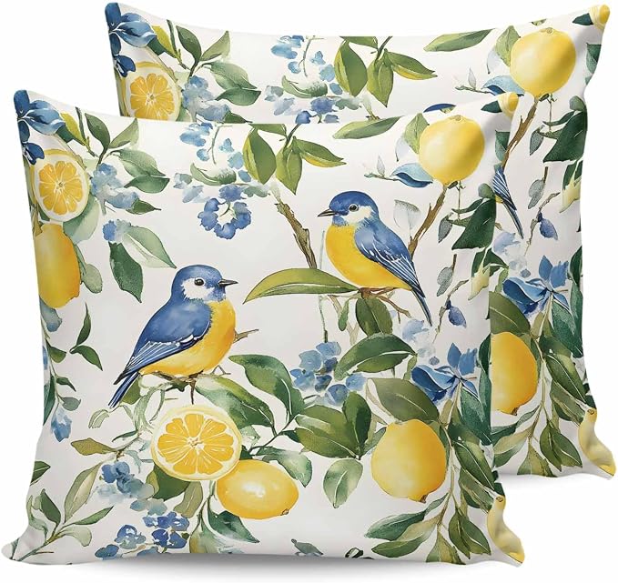 Outdoor Throw Pillow Covers Waterproof Pillow Cases 26x26In, Watercolor Lemon Bird Decorative Pillow Covers Cushion Cases for Couch Sofa Patio Garden,2 Pack Vintage Spring Blue Flower Foliage