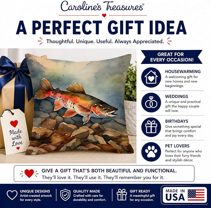Caroline's Treasures Brook Trout Throw Pillow Machine Washable, Indoor Outdoor Decorative Pillow for Couch, Bed or Patio, 14Hx14W