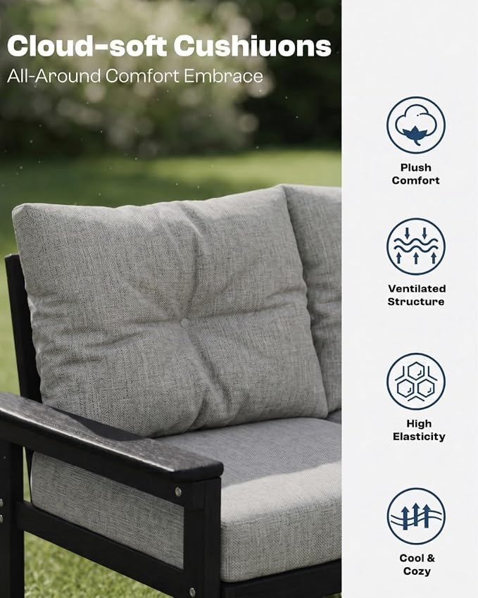 3 Piece HDPE Outdoor Patio Furniture Set, All-Weather 2 Armchairs with Side Table, Patio Conversation Set with Grey Washable Thick Cushion for Balcony,Porch(Black Frame)