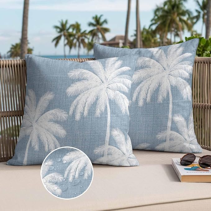 Outdoor Pillow Covers 16x16 Inch Set of 2, Light Blue Palm Trees Waterproof Throw Pillow Covers, Farmhouse Tropical Summer Beach Decorative Cushion Pillowcases for Couch, Sofa, Bed, Garden, Patio