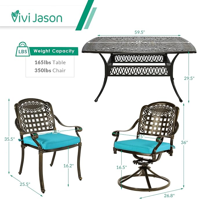 VIVIJASON 9-Piece Outdoor Dining Set, Cast Aluminum Patio Table & Chair Furniture Set for 8, Include 64" Square Dining Table, 4 Swivel Rocker Chairs, 4 Stationary Chairs, Umbrella Hole, Ocean Blue