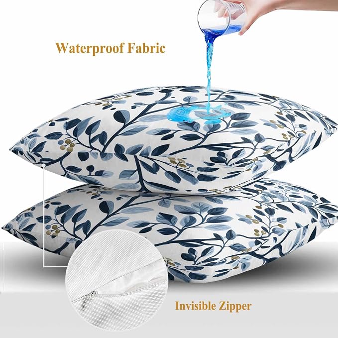 Throw Pillow Covers 18x18 Inch Set of 2, Navy Blue Botanical Waterproof Outdoor Pillow Covers, Summer Spring Leaves Decorative Cushion Pillowcases for Couch, Sofa, Bed, Garden, Patio
