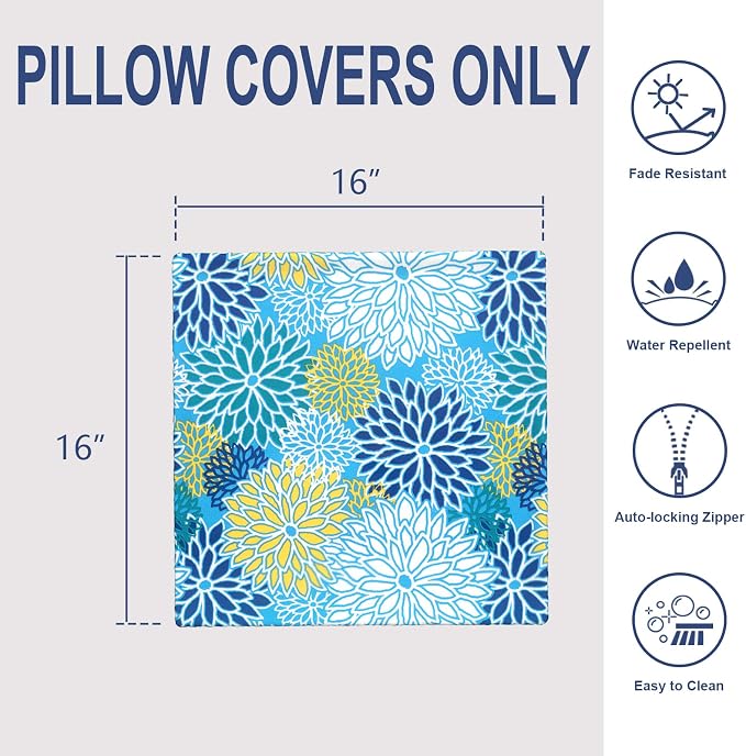 Outdoor 16x16 Inch Throw Pillow Covers Set of 2, All Weather Square Pillow Cases, Covers ONLY, Patio Cushion Pillow of Home Furniture Use, Dahlia Blue