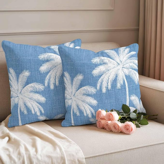 Outdoor Pillow Covers 18x18 Inch Set of 2, Blue Palm Trees Waterproof Throw Pillow Covers, Farmhouse Tropical Summer Beach Decorative Cushion Pillowcases for Couch, Sofa, Bed, Garden, Patio
