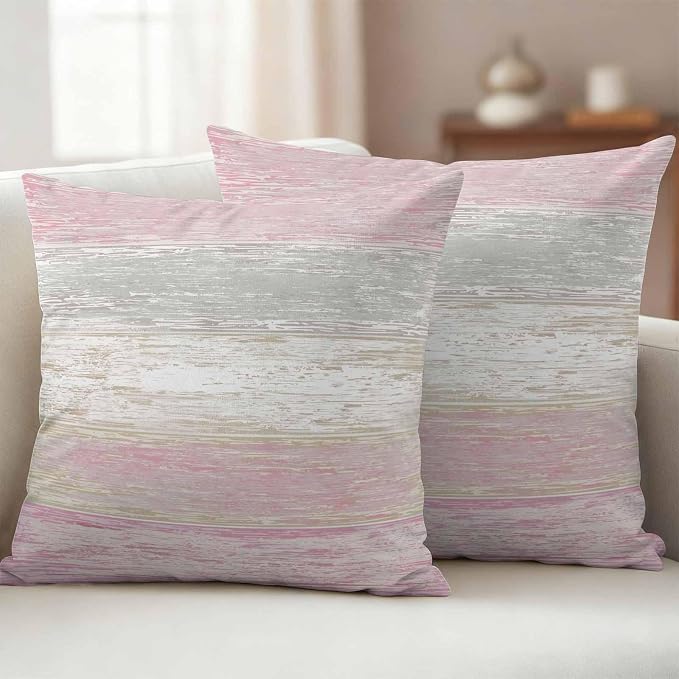 Outdoor Waterproof Throw Pillow Covers, Vintage Pink Grey Decorative Pillow Cases, Farmhouse Barn Wooden Striped Couch Pillow Protector Patio Sofa Cushion Covers Replacement 16"x16" 2 Pack