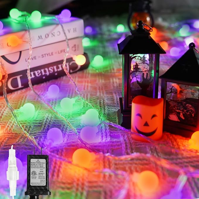 Connectable Orange Purple and Green Halloween Lights Outdoor Indoor - 43FT 100LED Globe String Lights Plug in with Timer, 13 Modes Fairy Light Waterproof for Party Halloween Decorations Bedroom Decor