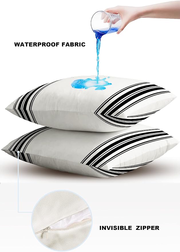 Outdoor Waterproof Pillow Covers for Patio Furniture Black Ticking Vertically Stripe Decorative Throw Pillow Cover Simple Style White Pillowcases Set of 2 Cushion Case for Sofa Couch Chair 16 x 16 In