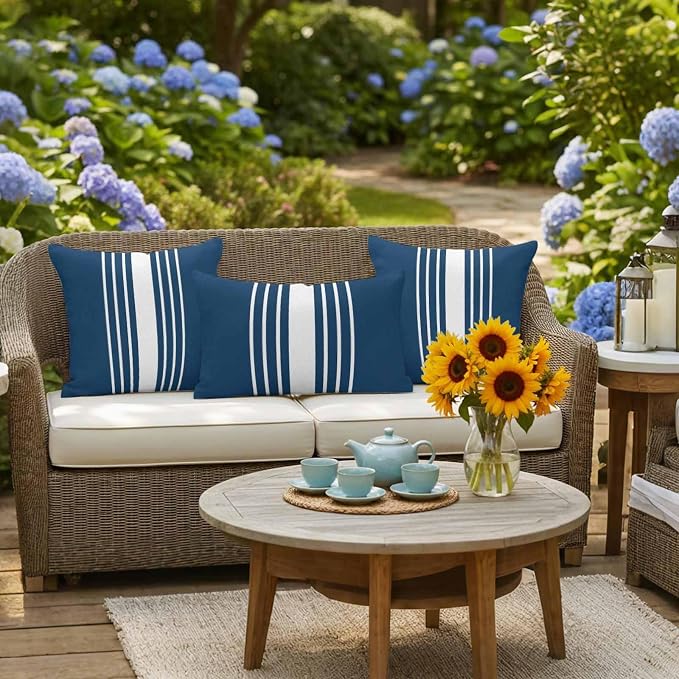 Navy Blue White Stripe Outdoor Pillow Covers 20x20 Inch Throw Pillow Covers Set of 2 Waterproof Decorative Pillow Cases Modern Rustic Vertical Striped Cushion Covers for Patio Furniture Garden Couch