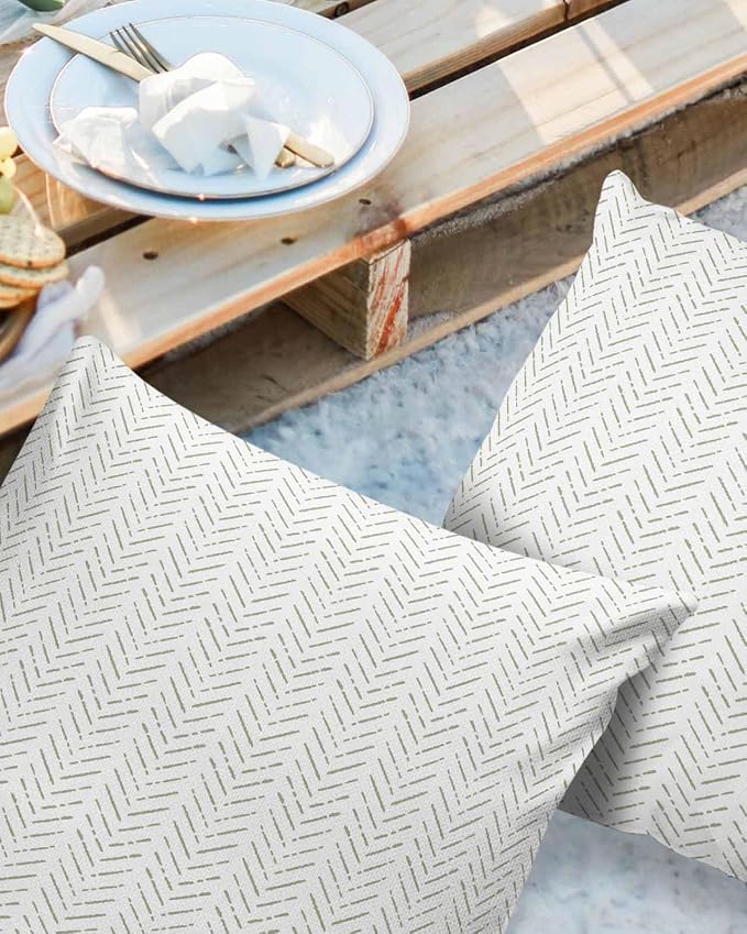 Sage Green Striped Outdoor Pillow Covers Waterproof,All Weather Cushion Case Set of 2 Decorative Pillowcases for Sofa Couch Bed Decor Patio Furniture 20"x20" White Geometric Minimalist Boho Striped
