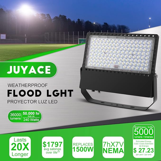 Juyace 36000Lm 240W Led Stadium Outdoor Flood Light Area Lighting for Sport | Super Bright Arena Lights，Commercial Area Lighting,5000K Daylight,100-277V,IP65 Waterproof,For Sport Court,Switch Control