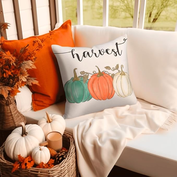 Fall Orange Pumpkin Outdoor Pillow Covers 18x18 Inch Waterproof Harvest Thankful Quotes Seasonal Throw Pillow Covers for Porch Patio Furniture Thanksgiving Farmhouse Decor
