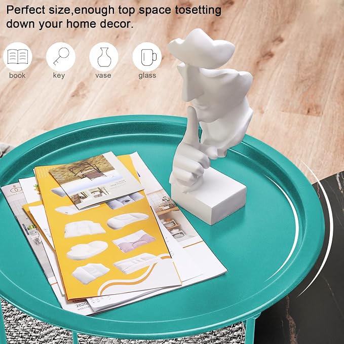 Garden 4 you End Table Metal Side Table Green Round Folding Tray Cyan Sofa Small Accent Fold-able Table, Round End Table Tray, Next to Sofa Table, Snack Table for Living Room and Bed Room