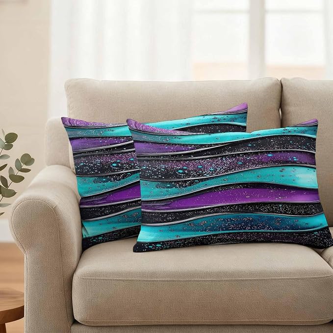 JasmineM Outdoor Pillow Cover 12x20 Inches Set of 2 Abstract Purple Teal Wave Waterproof Throw Pillow Covers Modern Black Strips Decorative Pillowcases Garden Cushion Case for Patio Couch Sofa