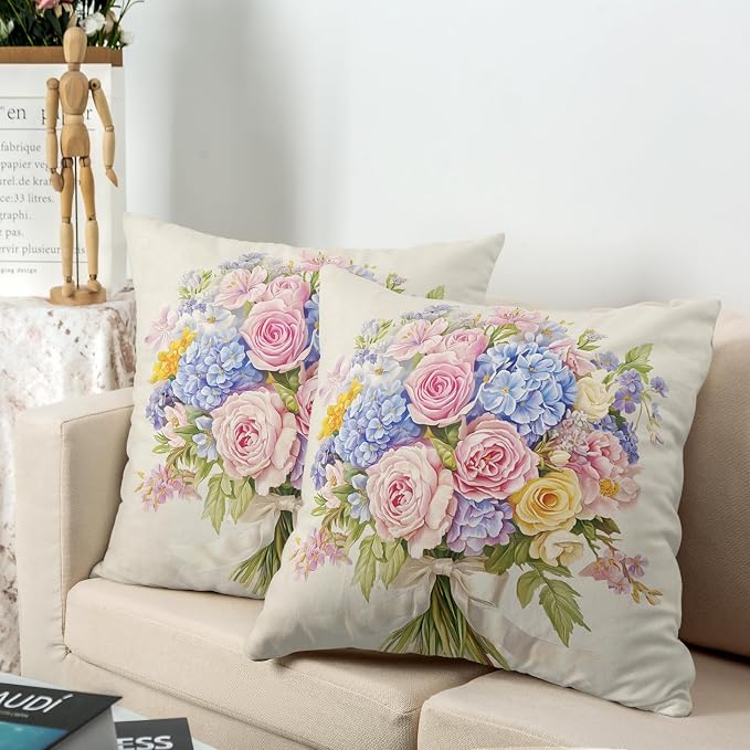Spring Summer Floral Pillow Covers 16x16 Pink Rose Blue Hydrangea Throw Pillow Covers Exquisite Bouquet Pillow Case Flowers Cushion Case for Living Room Couch Sofa 2 Pack