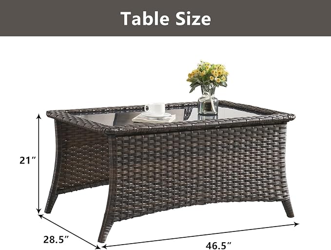 Belord Outdoor Coffee Table with Tempered Glass Top, Patio Rectangular Brown Wicker, Handwoven Rattan Coffee Table Compatible with Patio Furniture Sets for Porch Deck Backyard