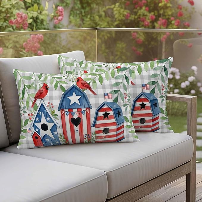 American Flag Bird House Outdoor Pillow Covers Waterproof, All Weather Cushion Case Set of 2, Green Eucalyptus Grey Plaid 250th Lumbar Pillowcase for Sofa Couch Bed Decor Patio Furniture 20"x12"