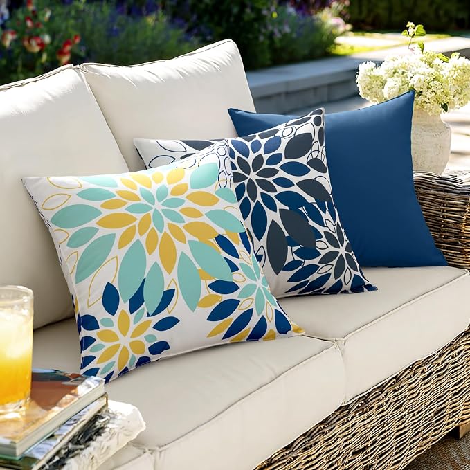Floral Outdoor Pillow Covers Navy Blue 18x18 Set of 2 | Waterproof Throw Pillow Cases Spring Decorative Summer Cushion Covers for Patio Furniture Garden Bench Porch Sofa