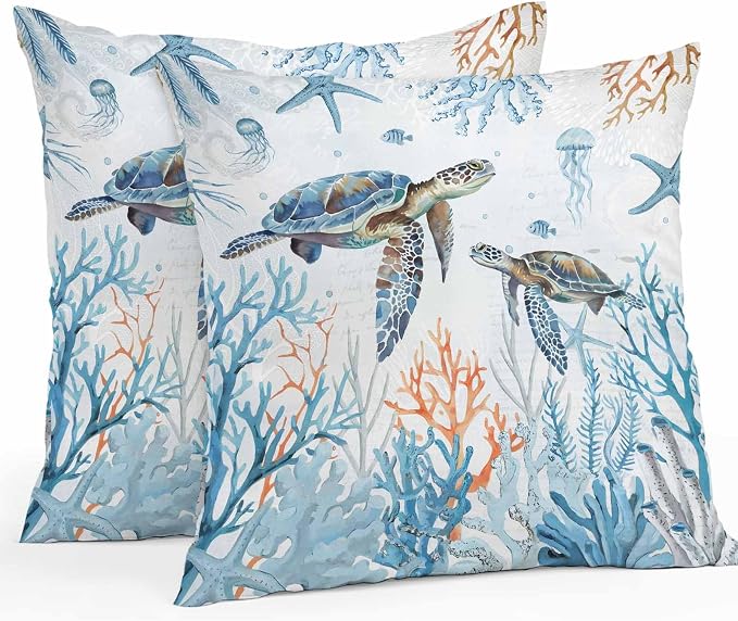 Sea Turtle Outdoor Pillow Covers Pack of 2, Teal Blue Ocean Beach Coastal Waterproof Pillow Covers Underwater Animal Throw Pillowcase for Patio Funiture Garden Tent, 26 x 26 inch