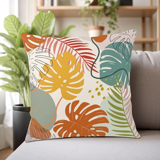 Abstract Tropical Pillow Covers Colorful Tropical Monstera Palm Tree Leaves Throw Pillow Covers Summer Boho Pillowcase 22x22 Set of 2 Neutral Cushion Case for Couch Sofa