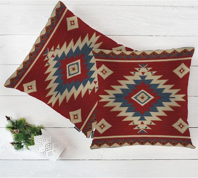 Swono Aztec Pattern Set of 2 Throw Pillow Covers Ikat American Navajo Style Chevron Red 18x18 Inches Pillow Cases Standard Cushion Cover Square Pillowcases for Men Women Decorative Home Bed Sofa