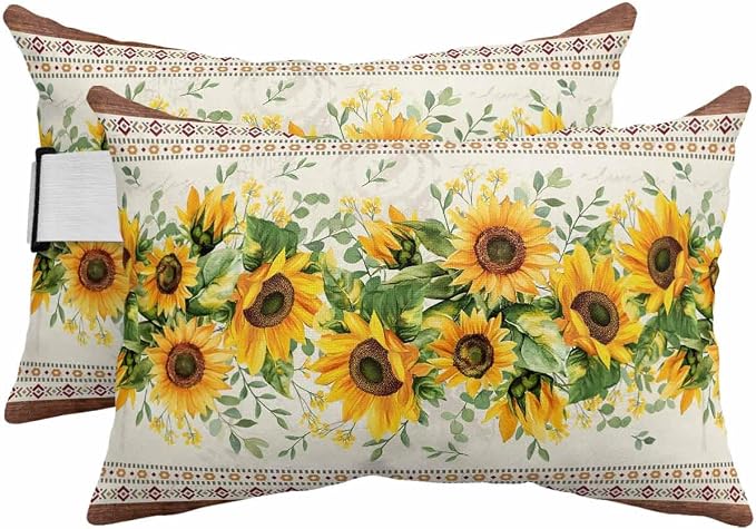Farmhouse Sunflower Outdoor Lumbar Pillow Covers 11"x16" Set of 2, Decorative Throw Pillow Covers for Patio, Beige Brown Vintage Floral Botanical Waterproof Cushion Case for Pool Beach Chair