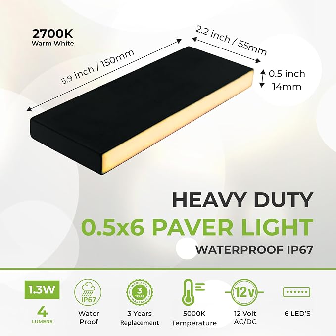 LUMENGY Paver Light Slim 0.5x6 Inch (0.55x5.9), 2700K Warm White, Glare-Free Linear Lighting for Driveways, Walkways and Paver Borders, 12V Hardwired, IP67 Waterproof, Drive-Over Rated