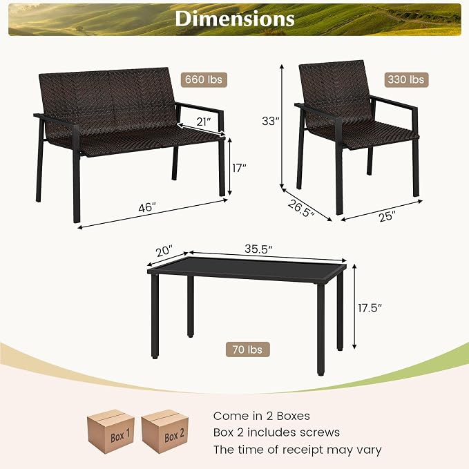 HAPPYGRILL 8 Pieces Wicker Patio Conversation Set with Coffee Table, PE Rattan Chairs with Galvanized Metal Frame, Outdoor Table and Chairs Set for Small Space, Balcony, Poolside, Backyard (Mix Brown)