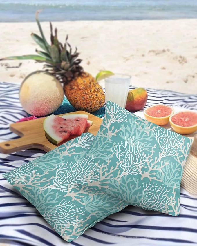 Pack of 2 Outdoor Pillow Covers 16x16 Waterproof Aqua Teal Coral Coastal Throw Pillow Covers, Decorative Pillowcases Nautical Ocean Marine Organism Cushion Covers for Patio Garden Couch Pillow Case