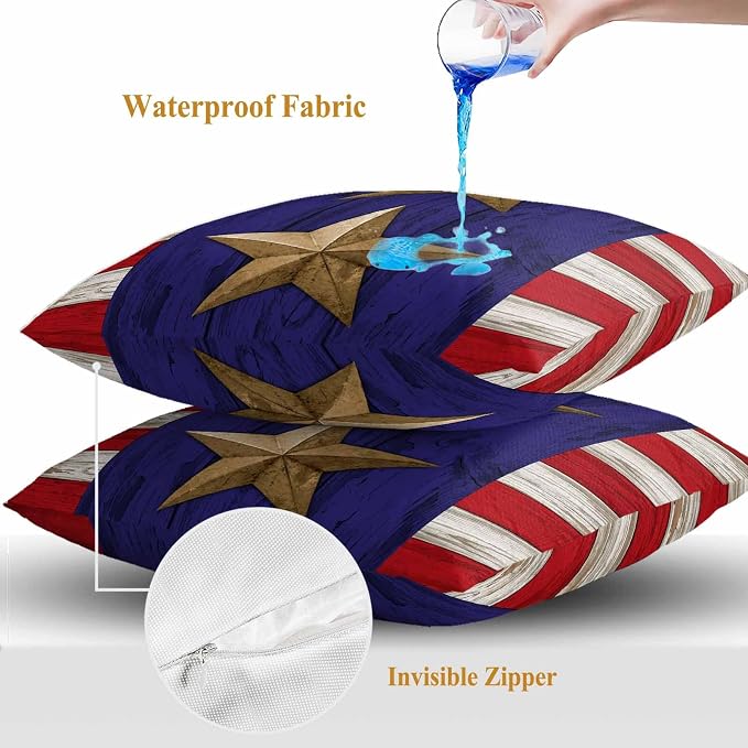 4th of July Outdoor Throw Pillows Covers 26x26 inch Set of 2 Waterproof Patriotic Stars Stripes Decorative Zippered Cushion Covers for Patio Furniture, Red White Blue Wood Grain Lumbar Pillowcases