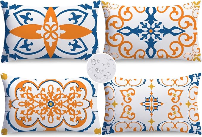 NIGHTWISH Outdoor Waterproof Pillow Covers 12x20 Set of 4 Yellow Boho Decorative Outdoor Throw Pillows Floral Cushion Cases for Patio Furniture Bench Couch Sunbrella