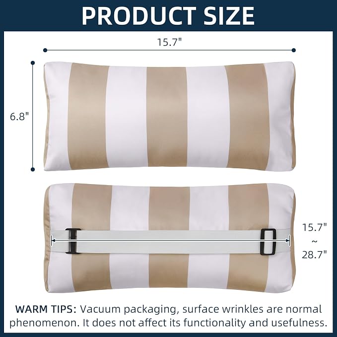 Outdoor Pillow for Chaise Lounge Chair, 2pcs Striped Chaise Lounge Pillows, Adjustable Strap Head Lumbar Pillow for Patio Pool Beach Office, Khaki