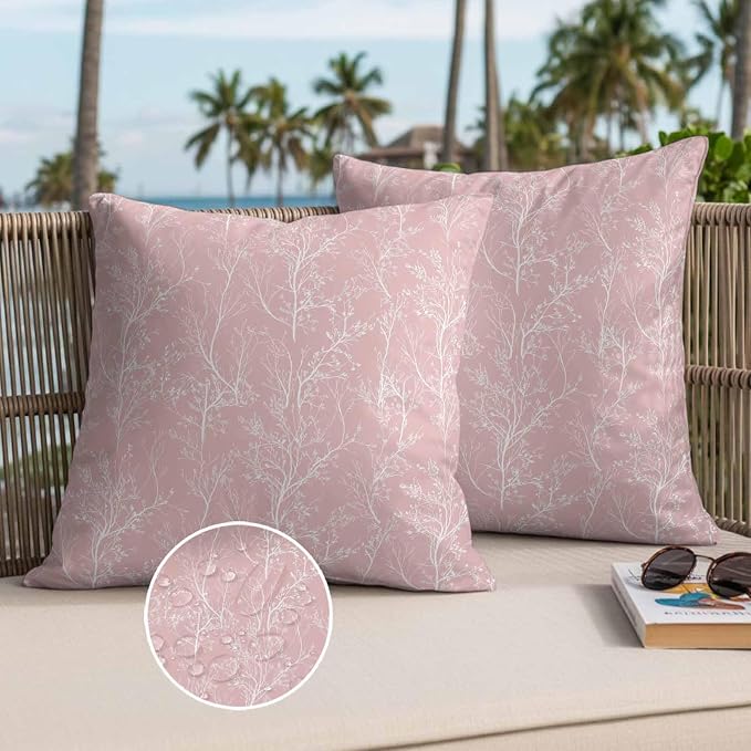 Pink Branches Waterproof Outdoor Pillow Covers Set of 2 Home Decor, Abstract Art Leaves Plant Pillowcase Patio Pillow Covers for Couch Bench Patio Furniture Garden 26x26in
