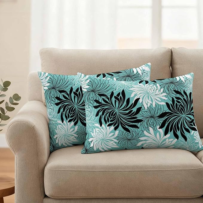 Yukro Teal Black Floral Outdoor Waterproof Pillow Covers Pack of 2, Vintage Teal White Black Flower Decorative Throw Pillowcases Cushion Covers for Garden Patio Tent Sofa Couch, 20x12 inch
