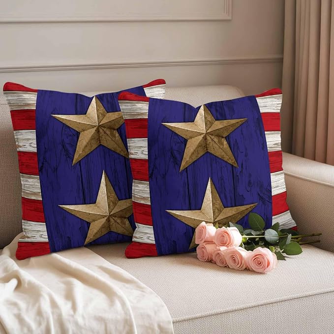 4th of July Outdoor Throw Pillows Covers 24x24 inch Set of 2 Waterproof Patriotic Stars Stripes Decorative Zippered Cushion Covers for Patio Furniture, Red White Blue Wood Grain Lumbar Pillowcases