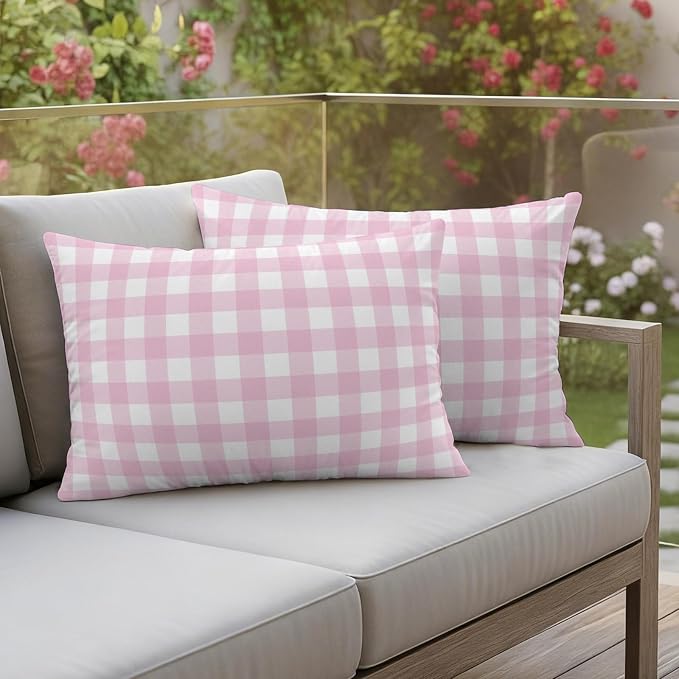 Light Pink Checks Outdoor Pillow Covers 20"x12" Set of 2, Gingham Plaid Abstract Modern Minimalist Waterproof Throw Pillow Covers for Patio Furniture, Decorative Cushion Covers for Porch