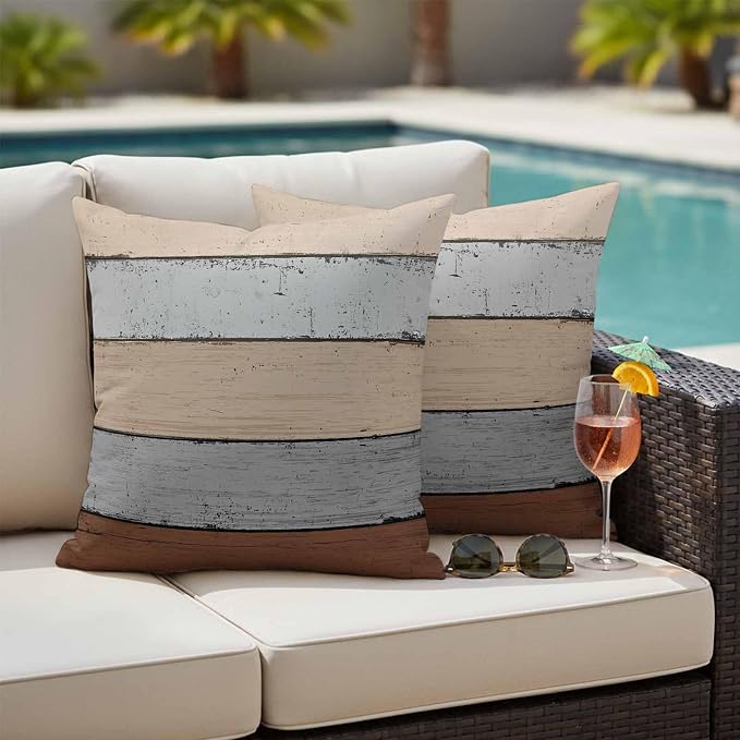 Outdoor Throw Pillow Covers 16X16 Set of 2 Waterproof Ombre Ground Color Brown Grey Decorative Zippered Cushion Covers for Patio Furniture,Lumbar Pillowcases Farmhouse Retro Rustic Barn Wood Texture