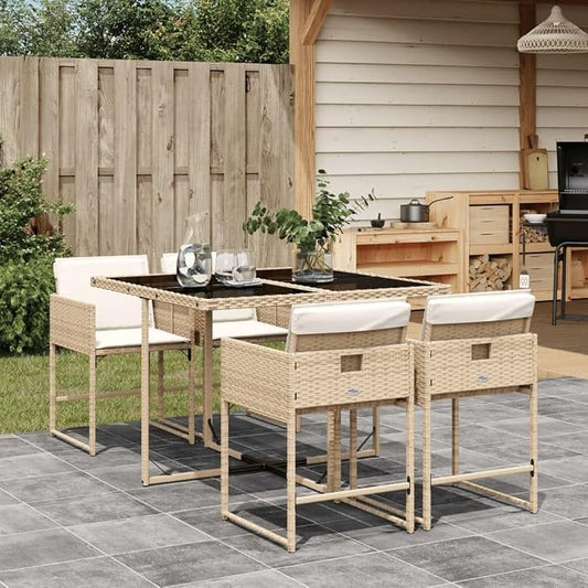 5 Piece Patio Dining Set with Cushions Beige Poly Rattan Outdoor Table and Chairs for Garden Backyard Relaxing, UV-Proof Foldable Space-Saving Tempered Glass Top, 242.5 lb Load Capacity Per Seat