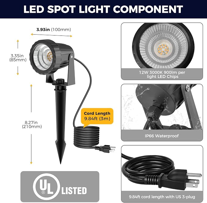 L LOHAS LED 12W Dusk to Dawn Outdoor Spotlight 3000K Landscape Light 4 Pack | 12W Landscape Spotlight with Warm White Light, Outdoor Flood Light for Yard, Garden, House and Pathway Lighting