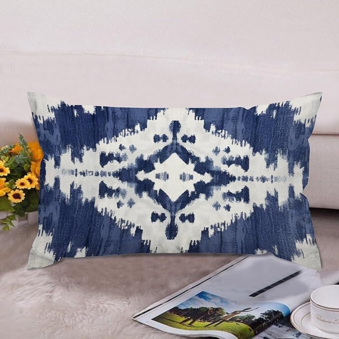 Zipped Pillow Cases for Home Decor Navy Blue Grey and Beige Ikat Pattern Print Throw Pillow Cover Set of 2 Farmhouse Cushion Cover Cases for Living Room Club Home Decor 12x20in