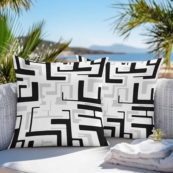 Vandarllin Outdoor Throw Pillows Covers 20x20 inch Set of 2 Waterproof Black Geometric Stripes Decorative Zippered Cushion Covers for Patio Furniture, Modern Abstract Lines Lumbar Pillowcases