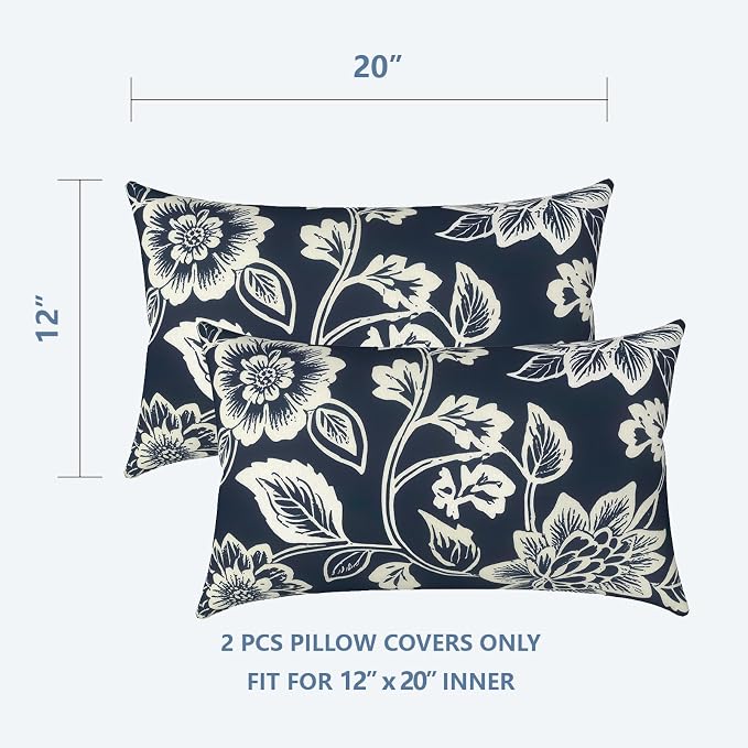 LVTXIII Set of 2 Patio Lumbar Pillow Covers ONLY, 12" x 20" Fade Resistant Outdoor Lumbar Pillow Cases,Decorative Garden Lumbar Cushion Covers for Patio Coach Sofa Use, Elegant Vines Navy