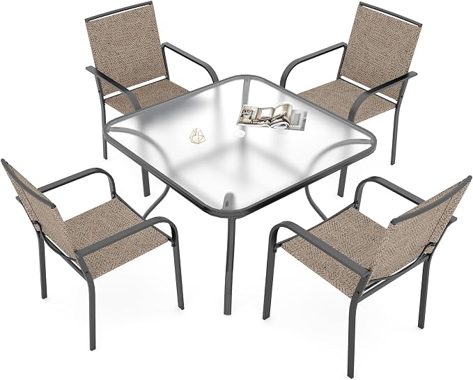 5 Piece Outdoor Dining Set with 37" Square Glass Table and BeigeGrey Chairs | 4 Piece Stackable Chairs Textilene Seat and Back, Table & Chair with Metal Frame, Square Glass Table Top, 1.7" Umbrella Hole