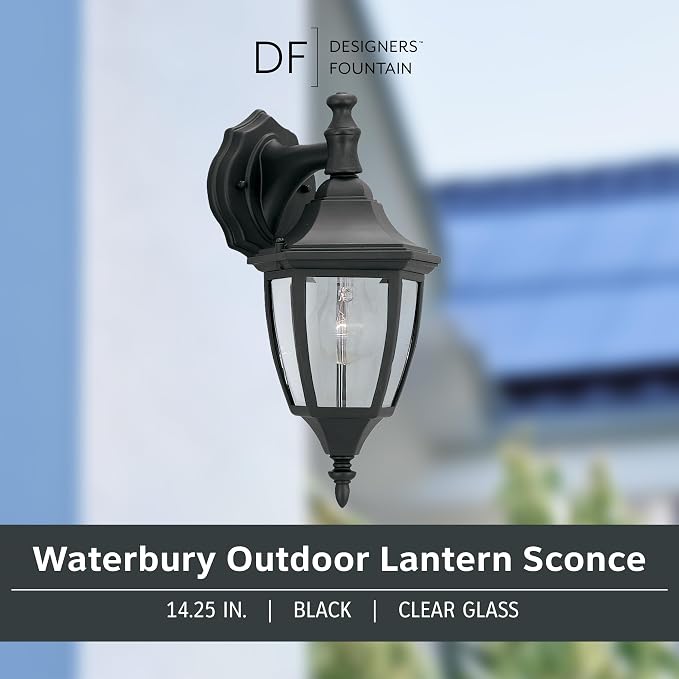 Designers Fountain Waterbury Outdoor Light Fixture, 14.25 Inch Exterior Wall Lantern Sconce for Front Door, Patio and Porch, Black, 2461-BK