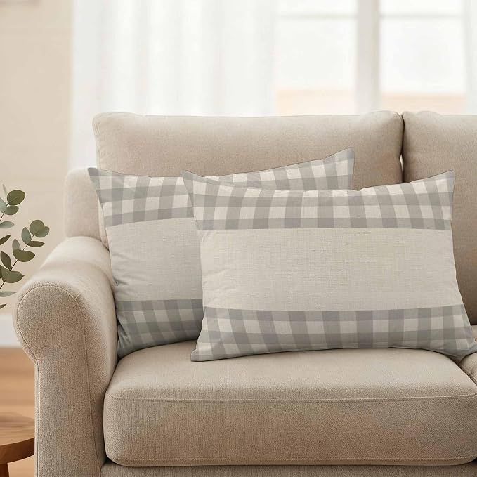 Retro Grey Outdoor Waterproof Pillow Covers, Farmhouse Buffalo Plaid Vintage Beige Decorative Rectangle Throw Pillowcase Sofa Cushion Sham for Patio/Couch/Chair, 20"x12" 2 Pack